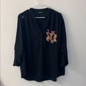 Black chiffon blouse with leopard pocket detail